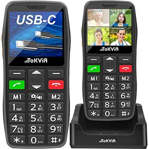 TOKVIA T102 Telefono Cellulare per Anziani con USB Tipo C,GSM Cellulare Tasti Grandi con Funzione SOS,Volume alto, Chiamata Rapida,Vivavoce,Tasti Vocali,Base di Ricarica,Facile da usare