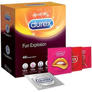 Durex Fun Explosion Mix di Preservativi Sottili, Con Rilievi e Nervature e Aromatizzati, 40 Profilattici, Esclusiva Online