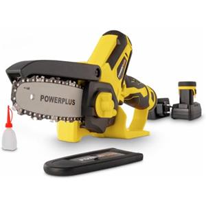 Powerplus POWXG1045-12 V motosega con batteria da 12 V e caricabatterie, piccola sega elettrica con spada da 100 mm per funzionamento con una sola mano, attrezzi da giardino per un facile giardinaggio
