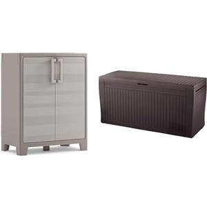 AS ONE Keter Armadio Basso Gulliver Xl Con 2 Ripiani Regolabili, Bianco, 80 x 44 x 100 cm, 9 Kg & Keter 231317 Baule, Comfy Marrone, 116.7 x 44.7 x 57 cm