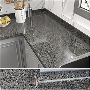 VEELIKE Pellicola Adesiva Effetto Terrazzo Nera Carta Adesiva Marmo Granito Nero Grigia Pellicola Autoadesiva per Cucina Lavabile Paraschizzi Cucina Muro Adesivo Decorativa Mobili Bagno 40cm×300cm