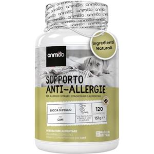 animigo Integratore Cane per Allergie Cutanee, Ambientali, Alimentari e Dermatite Cane, 120 Compresse Gusto Pollo con Semi d'Uva, Semi Zucca, Buccia Psillio, Farina Riso Integrale, Curcuma per tutte le Razze