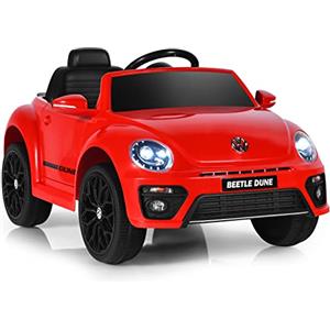 COSTWAY 12V Volkswagen Macchina Elettrica per Bambini, Auto Maggiolino con Luci Telecomando Musica Doppia Porta, Fino a 5km/h, 3-8 Anni (Rosso)