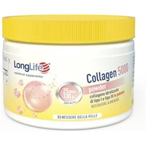 LongLife® Collagen 5000 Powder | 5000mg di collagene idrolizzato di tipo I e III in polvere | Benessere pelle | 25 dosi | Gusto neutro e senza glutine