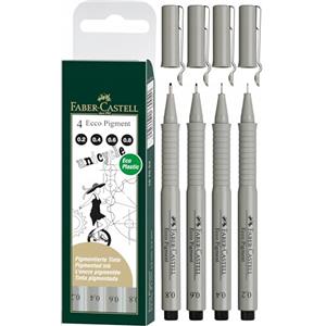 Faber-Castell Ecco Pigment - Penna a inchiostro nero, set di 4 penne con tratti 0.2/0.4/0.6/0.8 mm, impugnatura ergonomica antiscivolo, resistenti all'acqua e alla luce