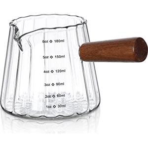 Joeyan 180ml Bicchiere Dosatore in Vetro per Espresso con Manico in Legno | 6oz Caraffa Graduata con Beccuccio, Borosilicato Misurino per Espresso Caffè Succo cocktail Latte Liquido,Accessorio da Bar