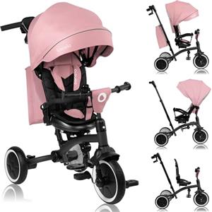 LIONELO Tris Plus 2in1 Bicicletta Triciclo e Passeggino pieghevole per bambini da 9 mesi fina a 25kg Sedia 360gradi Fronte Mamma o Strada Bici regolabile e compatta Borsa Portabibite Ruote PU (Pink)