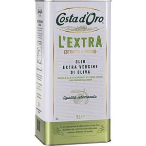 Costa d'Oro - L'Extra . Olio Extravergine di oliva estratto a freddo. Sapore equilibrato, adatto a tutte le ricette e come condimento per insalate. Latta da 5 litri, 1