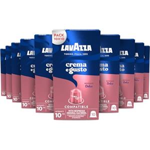 Lavazza Crema e Gusto Dolce, 100 Capsule di Caffè in Alluminio Compatibili con Macchine Nespresso Original, Note Aromatiche di Frutta Secca, Arabica e Robusta, Intensità 10, Tostatura Media, 10 Pack