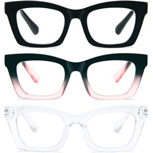 KoKoBin 3 confezioni occhiali da lettura anti-luce blu,Donne peso leggero ramo a molla computer occhiali lente lente d'ingrandimento occhiali da vista quadrati (nero nero rosa trasparente, 1.00,