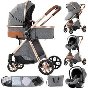 NADDLILY Passeggino Trio, Passeggino 3 in 1 con Spinta Reversibile a Due Vie, Trio Passeggino Neonati con Accessori, Carrozzina per Neonati con Design Portatile Pieghevole Un Clic (V9 Grey)