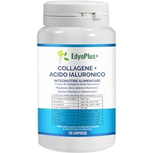 EdynPlus+ Collagene e Acido Ialuronico Idrolizzato Marino Vitamina A,B,C Zinco Biotina Selenio Magnesio 120 Compresse Alto Dosaggio Made in Italy