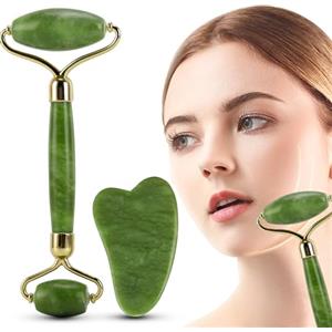 Jiasoval Rullo di giada e strumenti per massaggiatore Gua Sha, massaggio con rullo viso anti-età Jiasoval, rullo facciale per ridurre le rughe, gonfiore agli occhi, kit massaggiatore