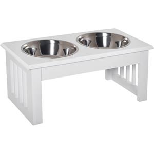PawHut Ciotole Rialzate per Cani Taglia Piccola ed Extra Piccola, Supporto Portaciotole in MDF con 2 Ciotole in Acciaio Inox per Cibo e Acqua, Bianco