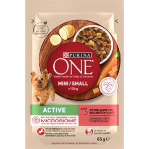 PURINA ONE Mini Active Cibo Umido per Cani Adulti < 10kg con Manzo, Patate e Carote - 26 Bustine da 85g