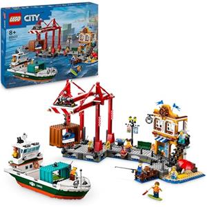 LEGO City Porto e Nave Merci, Giochi di Ruolo per Bambini e Bambine da 8 Anni con Barca Giocattolo, Gru Portuale Funzionante, Moto d'Acqua e 8 Minifigure, Idea Regalo Creative di Compleanno 60422