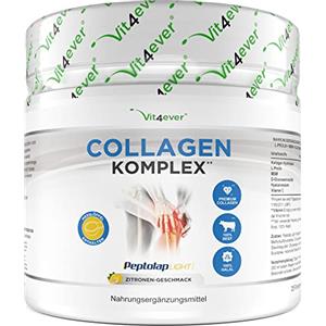 Vit4ever Complesso di collagene - 500 g - Polvere per articolazioni con peptidi idrolizzati di collagene, L-prolina, MSM, acido ialuronico, glucosamina e vitamina C - Altamente dosato - Al gusto di limone