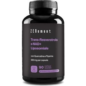 Zenement Trans-Resveratrolo & NAD+ Liposomiale, con Quercetina e Piperina, 580 mg per Capsula, 90 Capsule - Anti-invecchiamento e Attivatore delle Sirtuine - Zenement