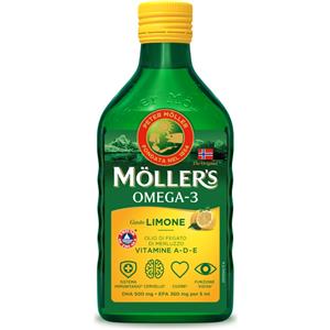 Moller's Omega 3 Olio di Fegato di Merluzzo Limone 250ml - Ricco in Omega-3 DHA ed EPA, Vitamine A, D ed E