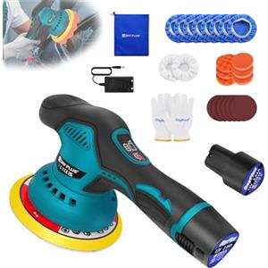 Huini Lucidatrice a batteria, lucidatrice blu con batteria da 12 V e set di macchine per lucidatura, 8 velocità regolabili, per lucidare auto (con 2 batterie da 2,0 Ah)