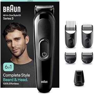 Braun REGOLABARBA Tagliacapelli Uomo, Rasoio Elettrico Barba e Capelli, 6-In-1 Styling Kit Ideale per Barba, Capelli, 50 Minuti Di Utilizzo Senza Fili, MGK3410