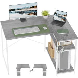 TRIUMPHKEY Scrivania ad Angolo Reversibile 110 x 80cm, Scrivania a Forma di L con Ripiani,Tavolo da Lavoro,Struttura in Acciaio, per Computer, Ufficio, Studio and Soggiorno, Grigio
