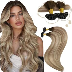 Moresoo Extension Capelli Veri Cheratina Balayage Marrone a Marrone Chiaro con Biondo Medio Remy Extension Cheratina 50 Ciocche #3/8/22 35 cm 40g