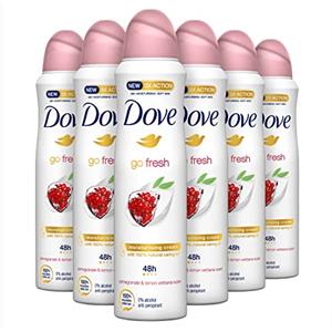 Dove, Go Fresh Deodorante Spray Melograno, con 1/4 Crema Idratante, Antitraspirante, Senza Alcool, Pelle Asciutta Fino a 48 Ore, Profumazione al Melograno, Deodorante Uomo e Donna, 6 Pezzi da 150 ml