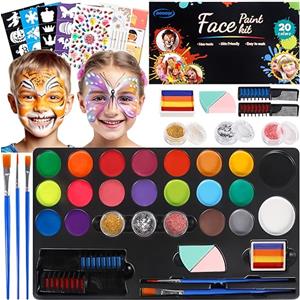 DONGQI Truccabimbi Kit,20 Colori Body Paint Pittura Viso Sicuro e Non Tossico,Color Body Paint Trucchi Neon con 34 Stencil,Glitter,Capelli Gesso,Gemma,Pennelli,Truccabimbi per Festa,Pasqua,Halloween