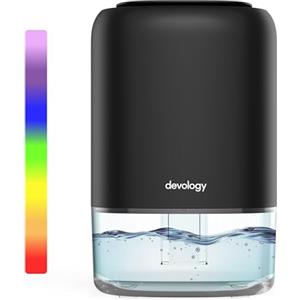 Devology Mini Deumidificatore Portatile Compatto da 1100 ml - Efficienza Elettrica - Elimina Muffa, Umidità e Condensa per Casa - Super Silenzioso <30dB 7 Colori di Illuminazione d'Ambiente a LED