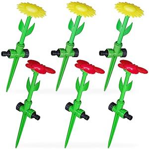 Relaxdays Fiore Irrigatore da Giardino, Set da 6, Innaffiatore Rotante per Prato con Puntale HxD 34x10 cm, Rosso Giallo
