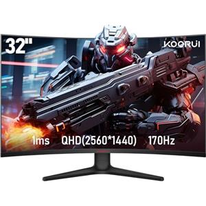 KOORUI Monitor Curvo 31,5 Pollici Gaming Monitor, Ultrawide QHD Schermo PC, VA, 1500R, 2xHDMI (170HZ or 144HZ), DP (170Hz) AdaptiveSync, DCI-P3 90%, SRGB100%, VESA 75x75mm