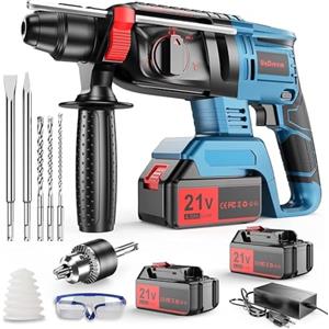 ponoseu Martello Perforatore a Batteria, Martello Demolitore, Martello Tassellatore a Batteria, 4 in 1 Funzione, Adattatore SDS-plus con Mandrino, 3 Punte, 2 Scalpelli, 2 * 4000mAh Batteria