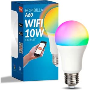 M Ledme - Lampadina LED Smart WiFi A60 10W (Eq. 90 W) presa E27, senza Hub, RGB+CCT, dimmerabile, luce bianca e colorata, compatibile con Alexa e Google Home, LM7141