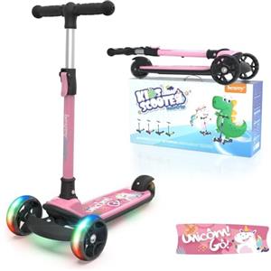 besrey Monopattino Bambina da 3-10 anni con Ruote LED Multicolore, Monopattino 3 Ruote Bambina Pieghevole, Regolabile in 4 Altezze, Unicorno rosa