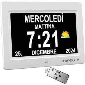 TROCOTN Grande orologio digitale per anziani, con calendario, grande display con allarmi personalizzati, orologio da parete con giorno e data, sveglia, orologio da scrivania (7 Pollici, bianco)
