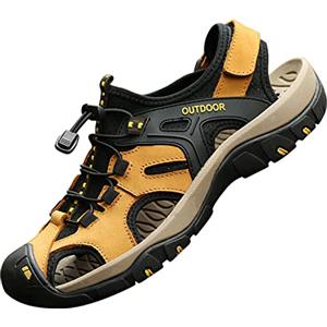 MGGMOKAY Sandali Sportivi da Uomo in Pelle Escursionismo Trekking Sandals Passeggio Estivi All'aperto Casual Traspirante Spiaggia Sandaletti,Giallo,46