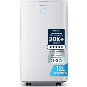 Pro Breeze OmniDry Deumidificatore 12L/giorno con serbatoio d'acqua da 2L, sensore e display di umidità auto, asciugatura della biancheria, modalità Sleep e timer 24H - Umidità, muffa e condensa