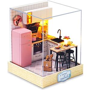 Cuteefun Kit Case in Miniatura da Costruire per Principianti, Miniature Casa delle Bambole Fai da Te con Mobili Copertura Antipolvere e Strumenti, Regali Creativi Artigianali (Cucina)