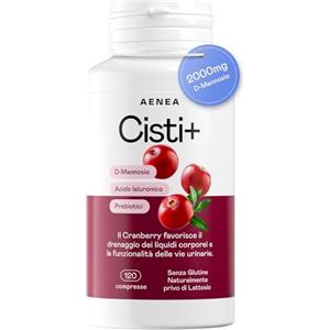 AENEA Cisti+ Integratore Cistite Donna 120cpr con D Mannosio Puro 2000mg, Mirtillo Rosso, Cranberry, Acido Ialuronico, Prebiotici per Benessere Vie Urinarie, Drenaggio Liquidi, Integratori Vie Urinarie