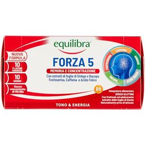 Equilibra Integratori Alimentari, Forza 5, Integratore con Estratti di Foglie Ginkgo e Bacopa, Fosfoserina, Caffeina e Acido Folico, Gusto Cola, con Succo Concentrato di Mirtillo, 10 Flaconcini