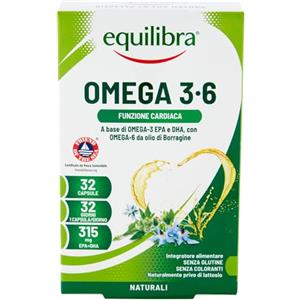 equilibra Integratori Alimentari, Omega 3-6, Integratore con EPA e DHA, per la Normale Funzione Cardiaca e Cerebrale, per la Capacità Visiva Normale, 32 Capsule