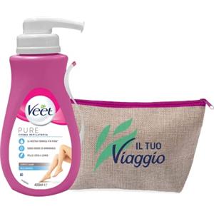 Veet Crema Depilatoria Corpo e Gambe Pelli Sensibili 400ml + Pochette da viaggio