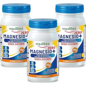 Equilibra, Magnesio+ Zero, Integratore Magnesio, Barattolo 200g Tripack, Magnesio Carbonato, Bisglicinato e Pidolato, Solubilità Istantanea, Riduzione Stanchezza e Affaticamento, Senza Glutine e Aromi
