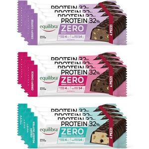 Equilibra Alimenti Proteici, 32% Zero, Barrette Senza Zuccheri Aggiunti, Crispy Peanut Butter, Choco e Coffee, Lower Carb, High Protein, No Glutine, 12 pezzi da 45g