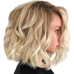 DAZZLUXE 1 Pezzo Parrucca Corta Ricci, Parrucca da Donna, Parrucca Bob, Parrucca Corta Ondulata, Parrucca Bionda, Nastro per la Fronte in Fibra Chimica Dorato Misto Marrone, Adatto per Pendolarismo, Feste