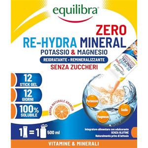 Equilibra Potassio & Magnesio Re-Hydra Mineral - Integratore 12 Stick Liquidi, Gusto Arancia, Senza Zuccheri, per Reintegro Sali e Reidratazione