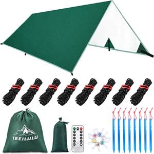 IEEILULU Tarp Campeggio, 3x3 Tende da Sole, Tenda Tarp Ultralight Con 6 Corde Vento e 6 Chiodi, Telo per Tenda da Impermeabile, Telo Antipioggia per Escursione Picnic All'aperto (Verde, 3x3m)