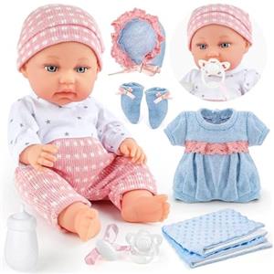 deAO New Born Baby- Bambola, 14 Pollici 36 CM Bambolotto Bambola Neonato con Copertina, 2 Vestiti per Bambole, Schnuller und Saugflasche Zubehör für neugeborene Puppen