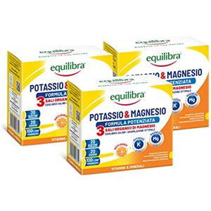 Equilibra Integratori Alimentari, Potassio e Magnesio 3 Formula Potenziata, Integratore Magnesio e Potassio per Reintegro Sali Minerali, Gusto Arancia, Senza Glutine e Lattosio, 3 Pezzi da 20 Bustine